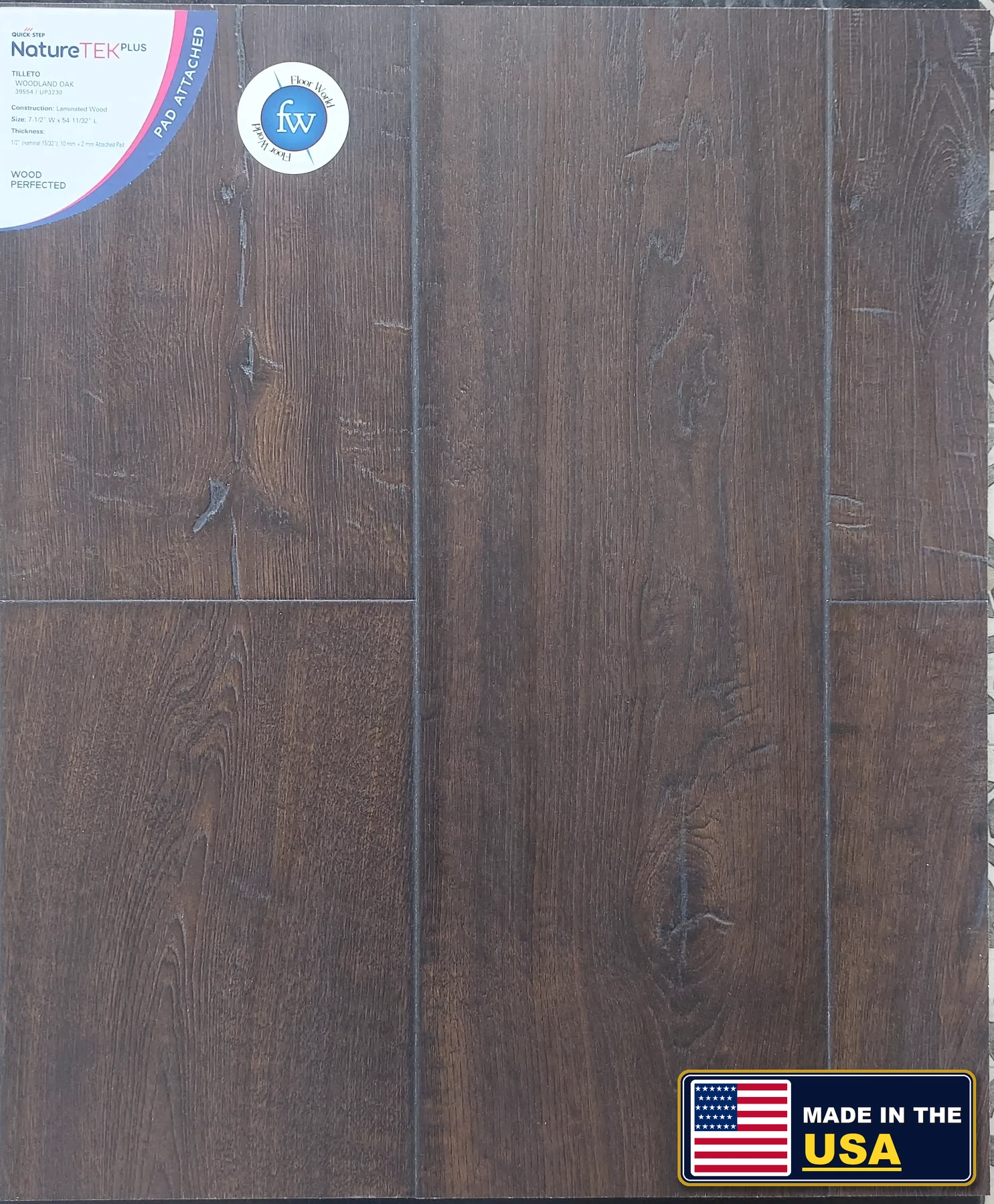 Woodland Oak Tilleto · Laminate · Quick-Step · NatureTek · flooring sample photo · Floor World Ephrata PA