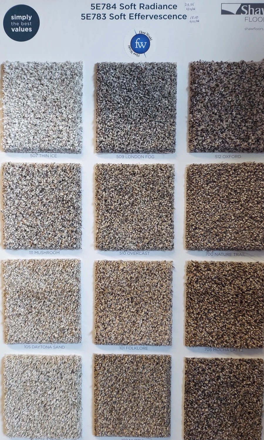 Soft Radiance / Soft Effervescence · Carpet · Shaw · Simply the Best Values · flooring sample photo · Floor World Ephrata PA