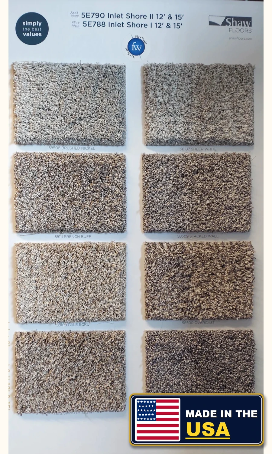 Inlet Shore · Carpet · Shaw · Simply the Best Values · flooring sample photo · Floor World Ephrata PA